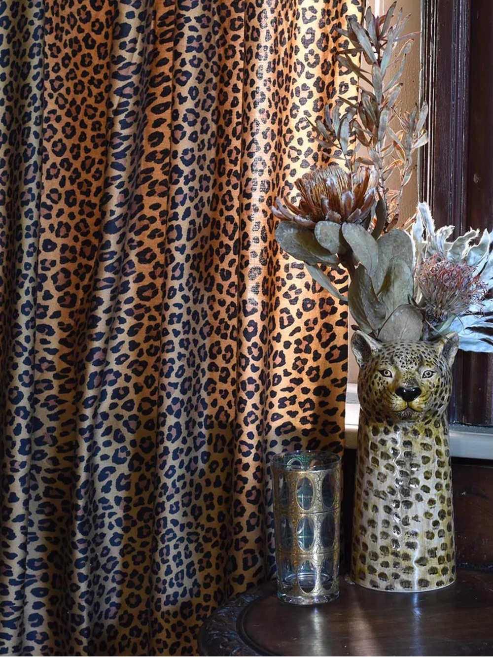 Leopard Print Curtain Panels Seattle Sin in Linen Rockabilly Vintage Cheetah